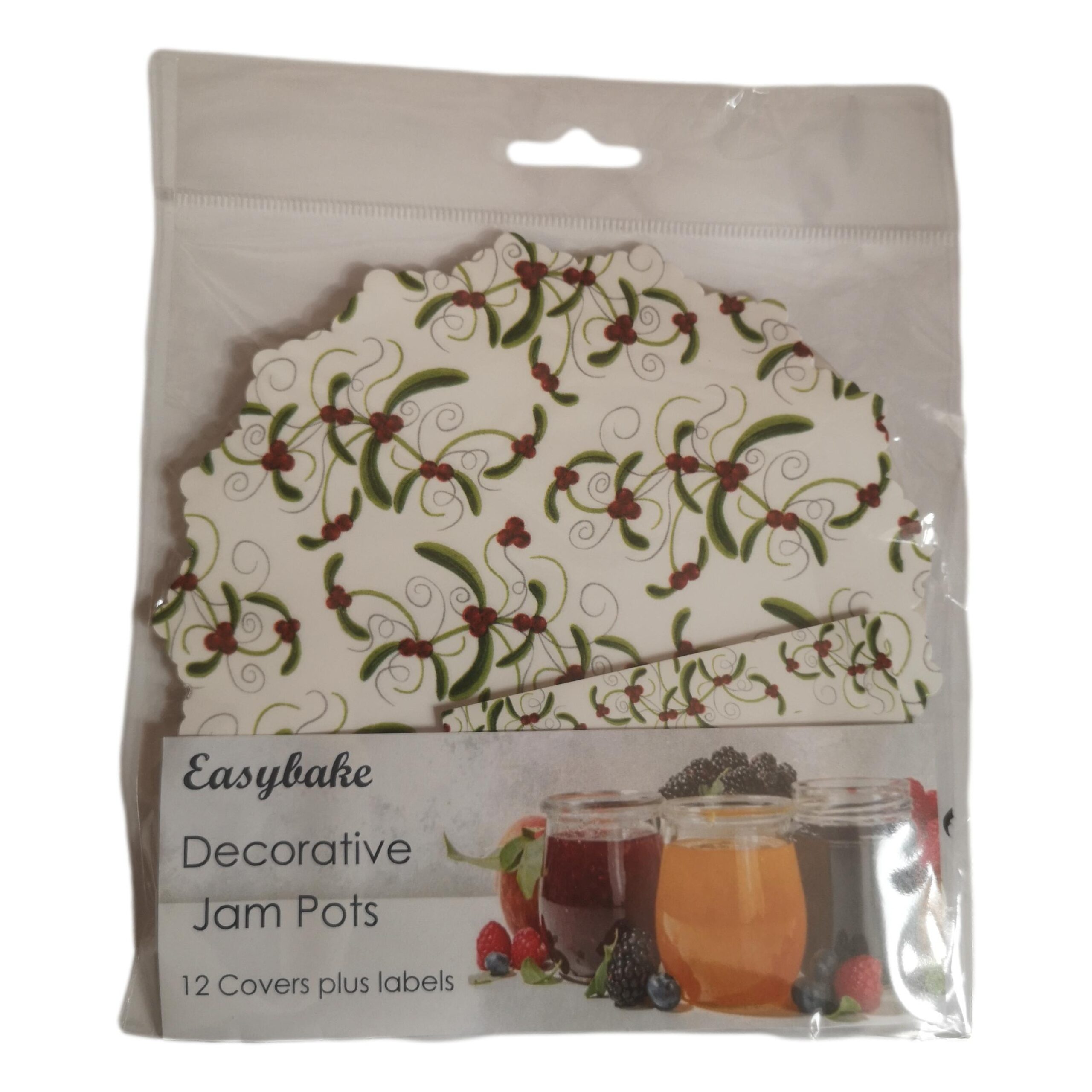 12 Christmas Berries Jam Pot Covers, Wax Discs, Rubber Bands and Self-Adhesive Labels