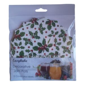 12 Christmas Holly Berry Jam Pot Covers, Wax Discs, Rubber Bands and Self-Adhesive Labels