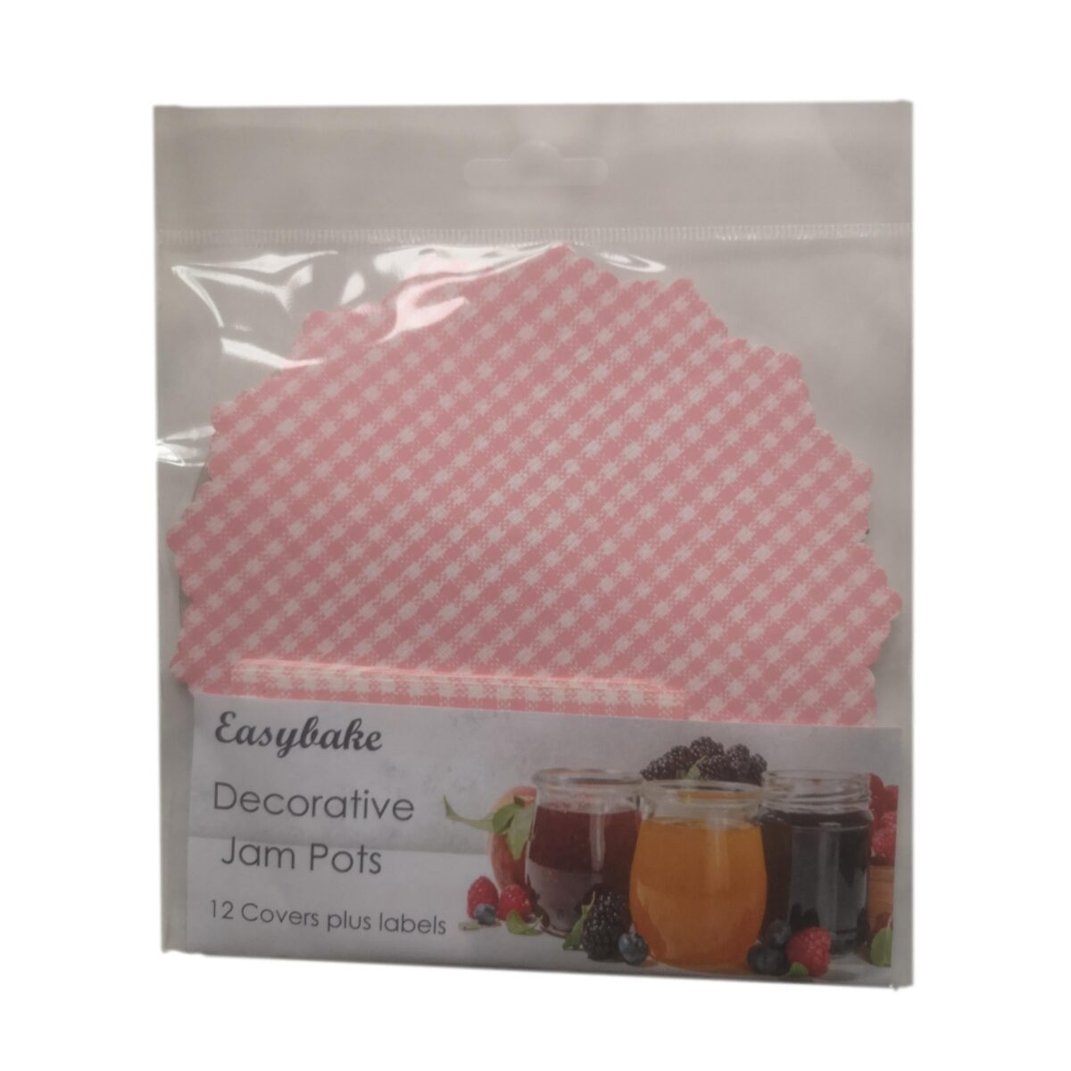 12 Pink Gingham Jam Pot Covers, Wax Discs, Rubber Bands and Self-Adhesive Labels