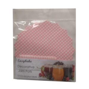 12 Pink Gingham Jam Pot Covers, Wax Discs, Rubber Bands and Self-Adhesive Labels