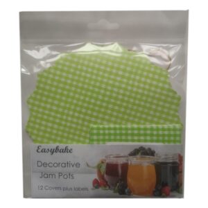 12 Green Gingham Jam Pot Covers, Wax Discs, Rubber Bands and Self-Adhesive Labels