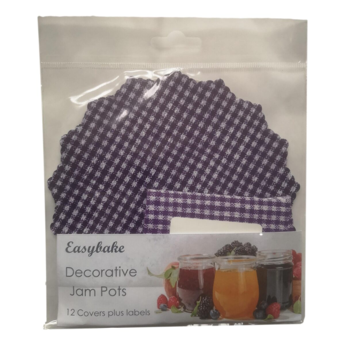 12 Blue Gingham Jam Pot Covers, Wax Discs, Rubber Bands and Self-Adhesive Labels