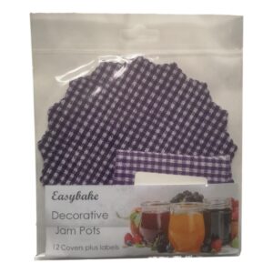 12 Blue Gingham Jam Pot Covers, Wax Discs, Rubber Bands and Self-Adhesive Labels