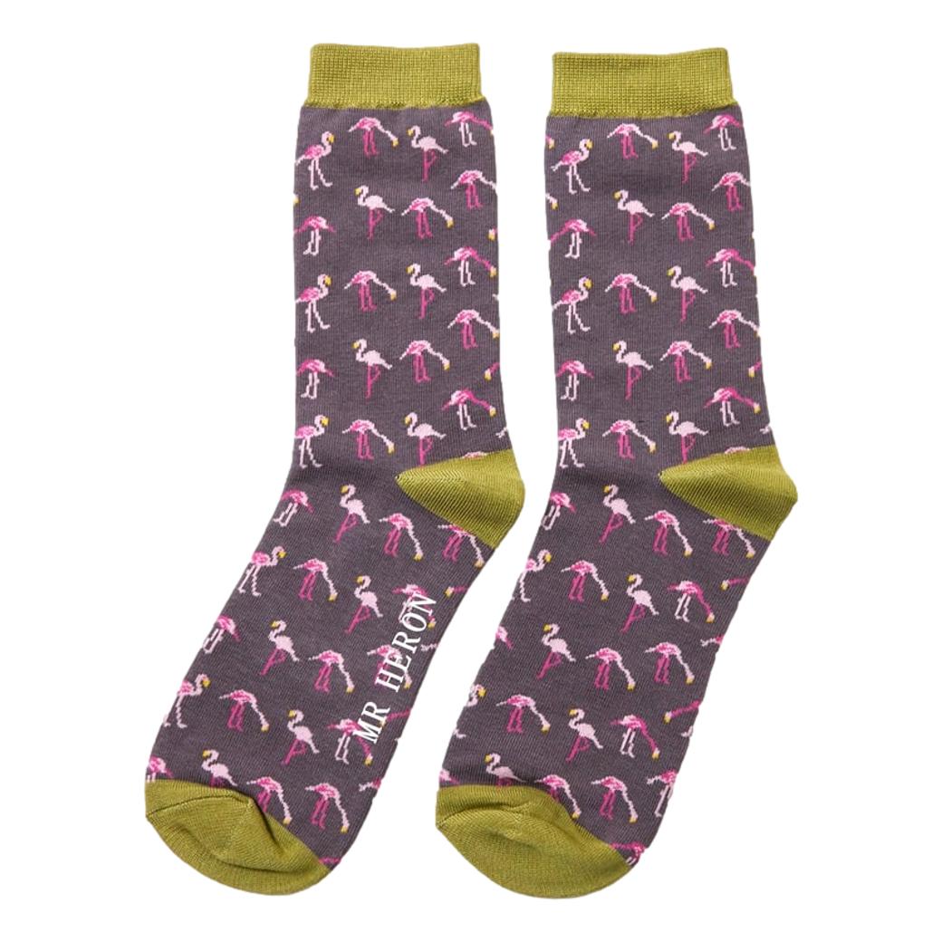 Pink Flamingos on Charcoal Grey Mens Novelty Ankle Socks Adult One Size