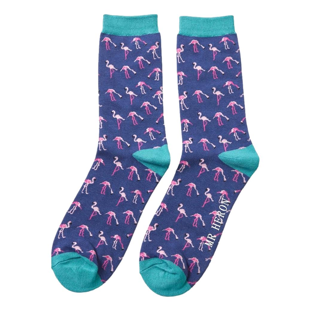 Pink Flamingos on Navy Mens Novelty Ankle Socks Adult One Size