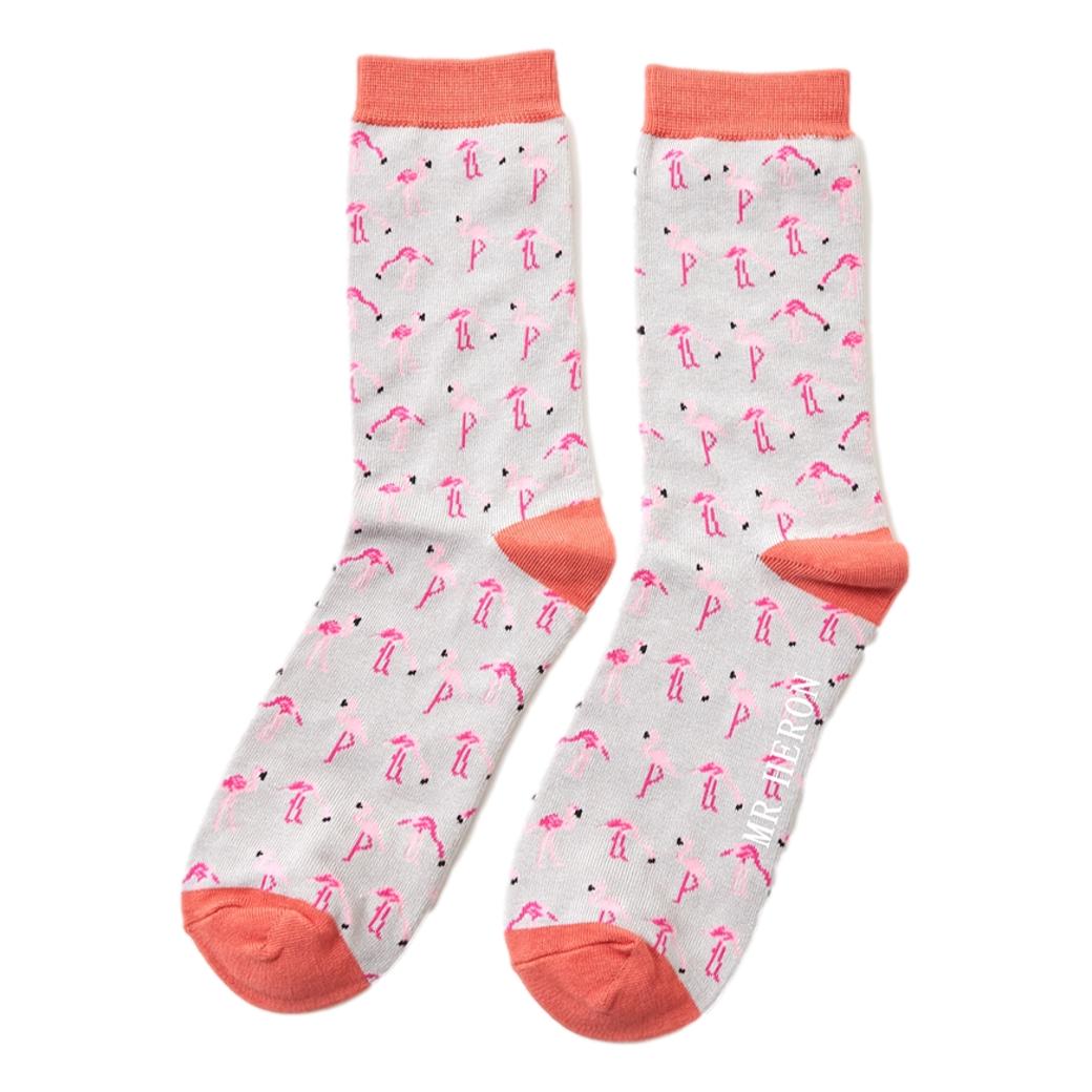 Pink Flamingos on Silver Mens Novelty Ankle Socks Adult One Size
