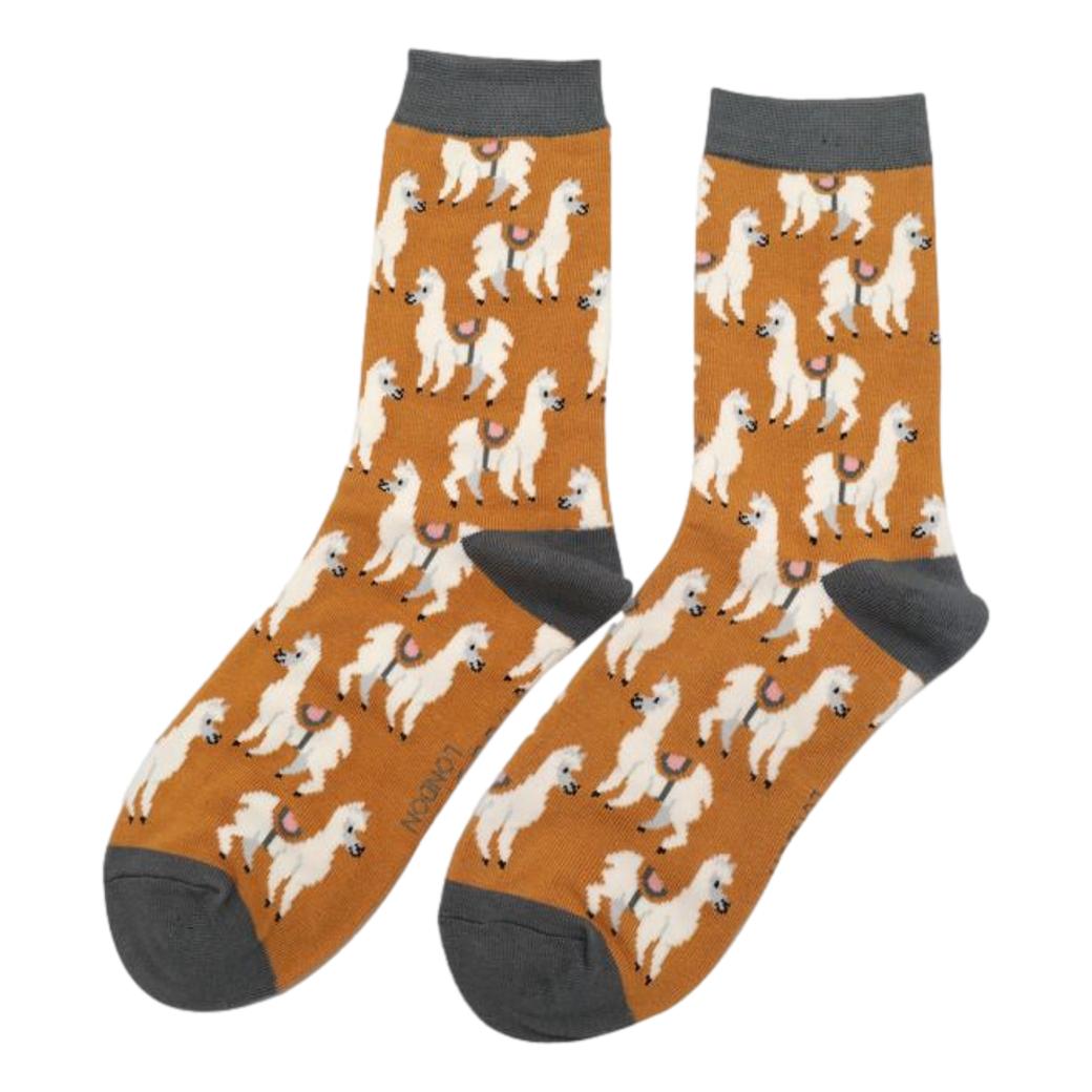 Llamas on Mustard Yellow Womens Novelty Ankle Socks Adult One Size