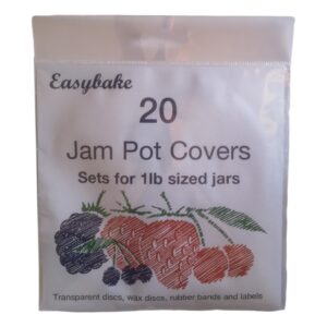 20 Transparent 1lb Jam Pot Covers, Wax Discs, Rubber Bands and Self-Adhesive Labels