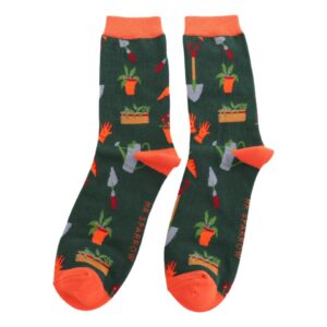 Gardener's Tools on Dark Green Mens Novelty Ankle Socks Adult One Size