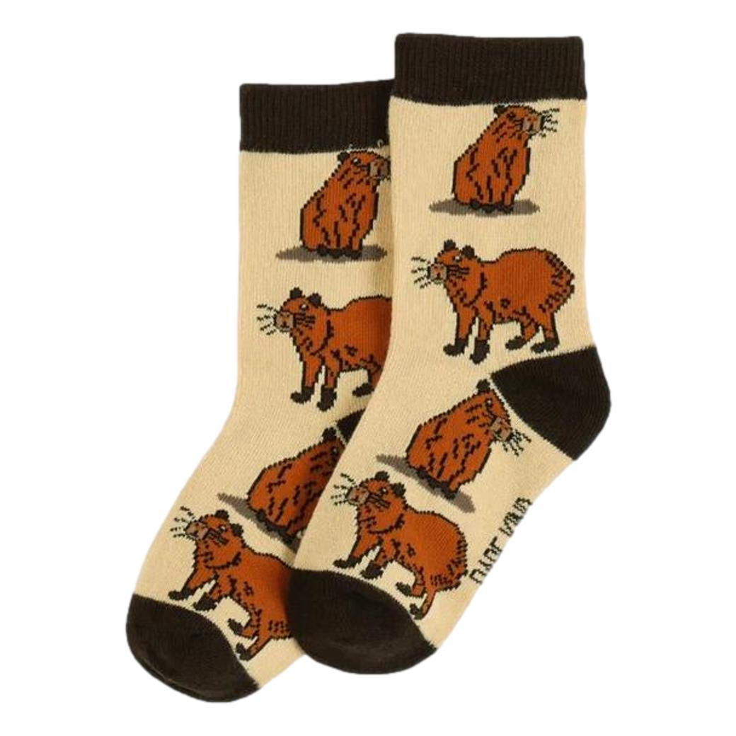 Save The Cabybaras Beige Womens Novelty Crew Socks Adult One Size