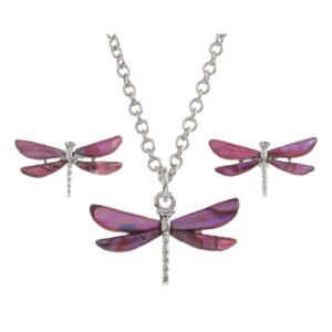 Pink Dragonfly Paua shell rhodium-plated pendant and stud earrings set